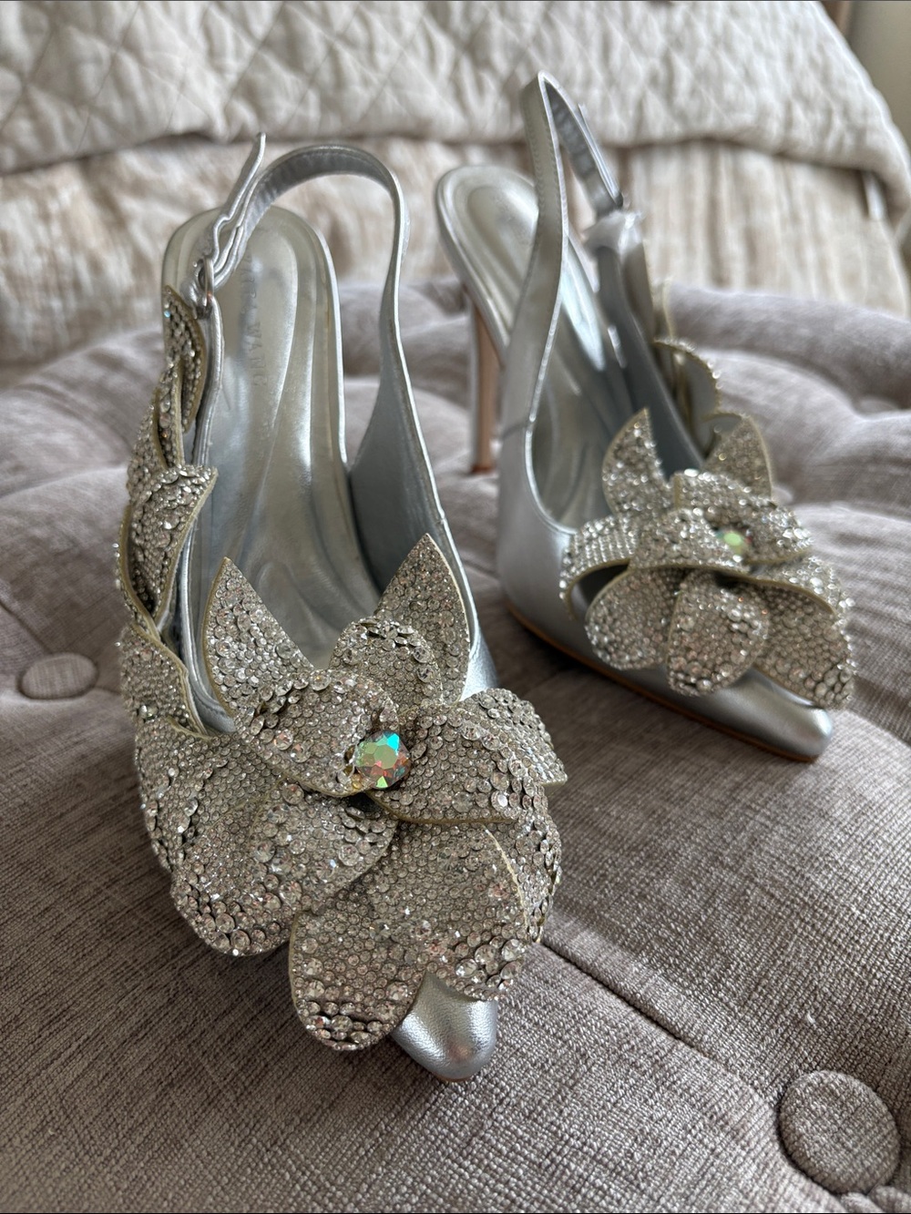 Silver Crystal-Petal Slingback Heels by A. Wang